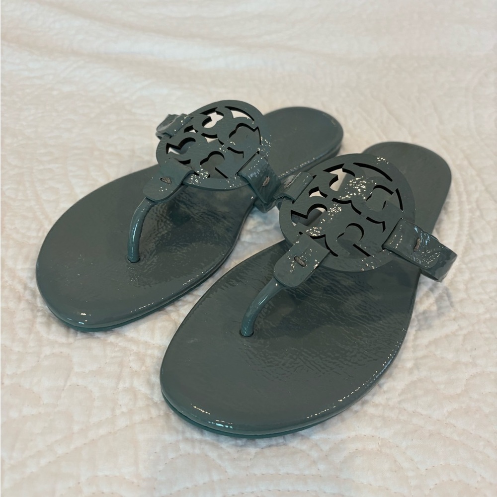 Tory Burch Green Patent Miller Logo Thong Sandals